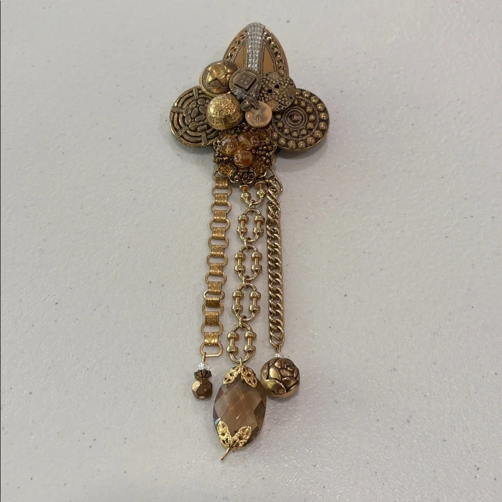 Vintage Glass & Metal Button Brooch with charms—BEAUTIFUL! Glass Beads—Artisan